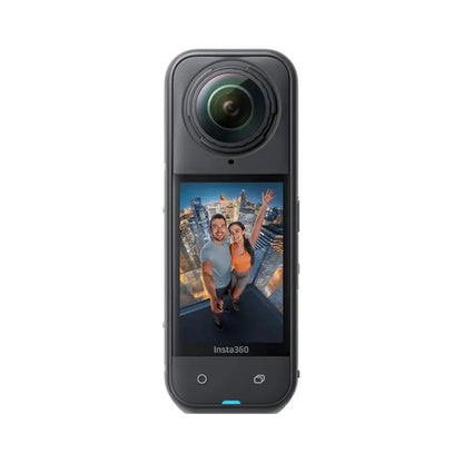 Insta360 X5 8K action camera with touchscreen showing a selfie of a couple outdoors