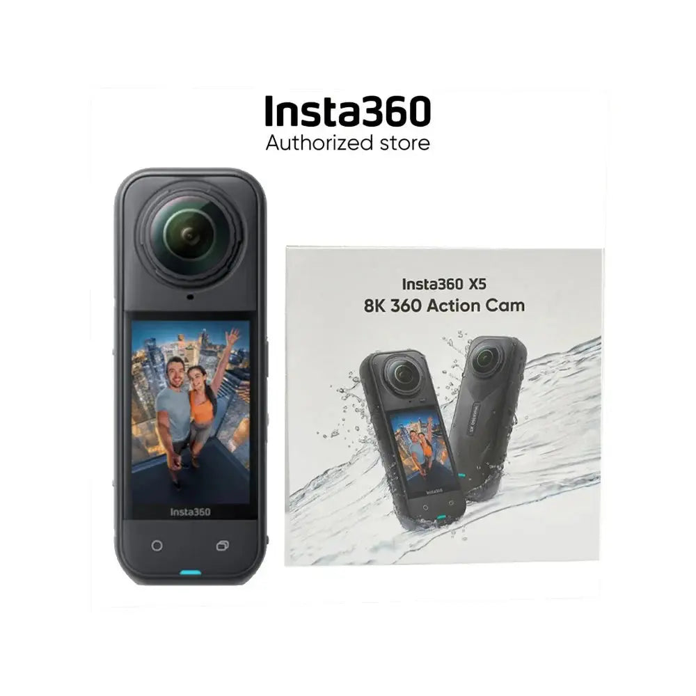 Insta360 X5 8K action camera with 360 degree lens and touchscreen display showing couple selfie