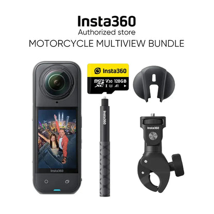 Insta360 X5 8K action camera motorcycle multiview bundle with memory card, handle grip, and mounting accessories