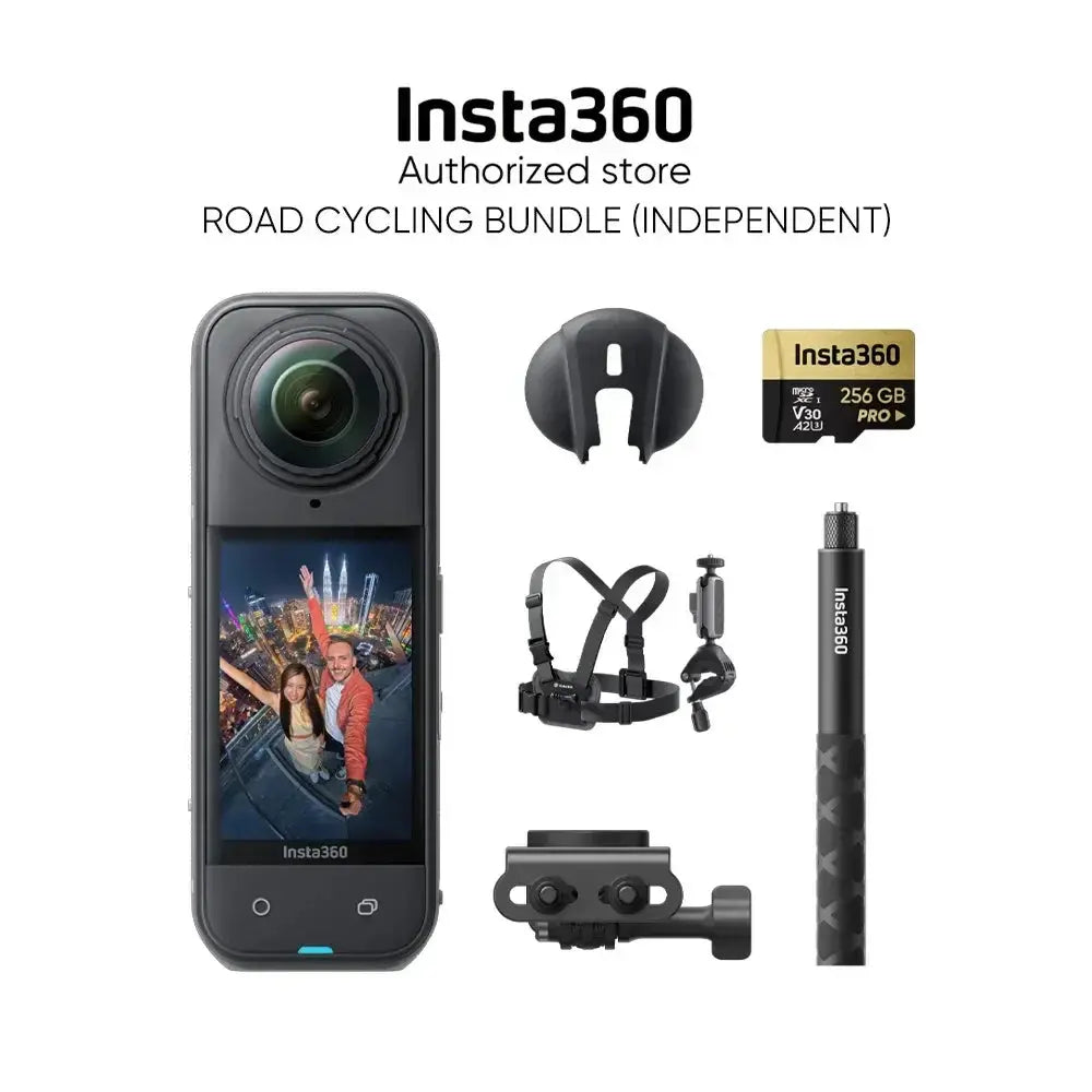 Insta360 X5 8K action camera road cycling bundle with accessories including memory card and mounts