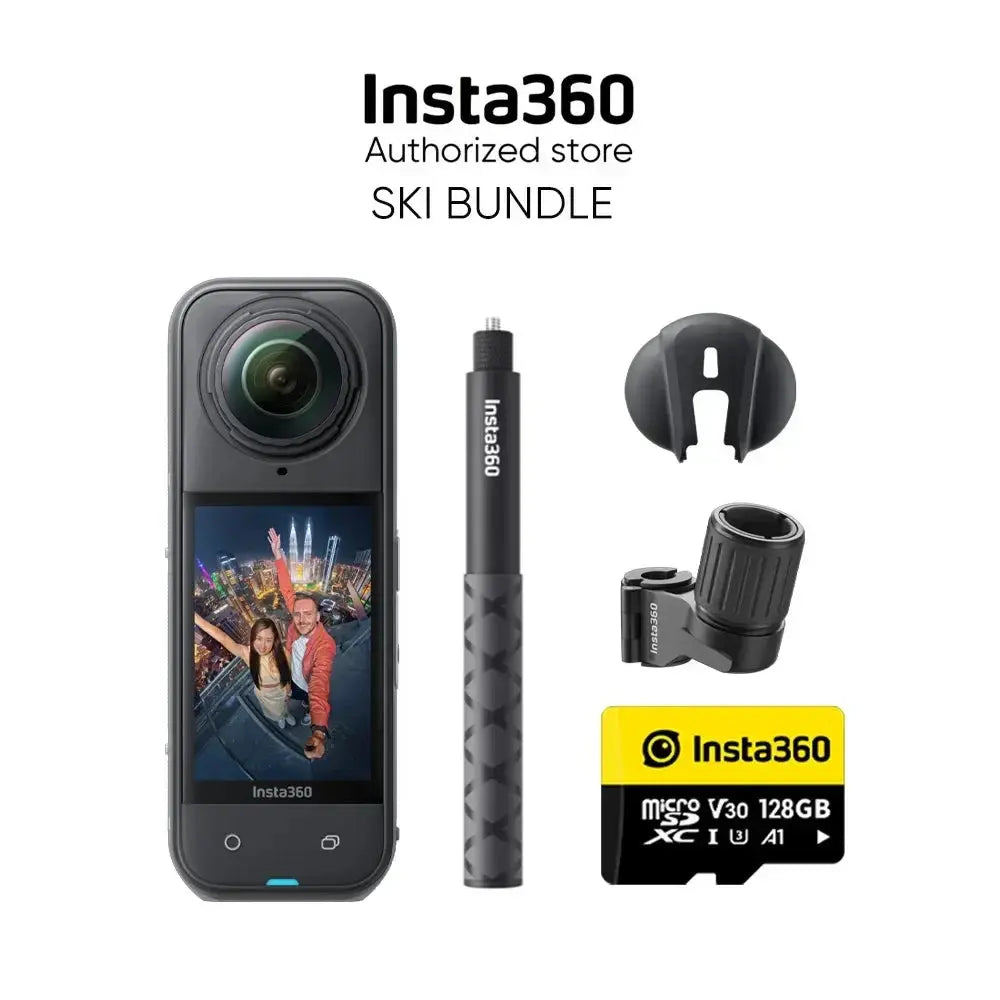Insta360 X5 8K action camera ski bundle with camera, selfie stick, mount, and 128GB memory card