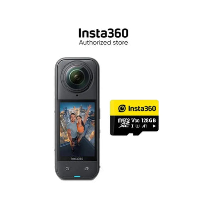 Insta360 X5 8K action camera with dual screens and 128GB Insta360 microSD card included