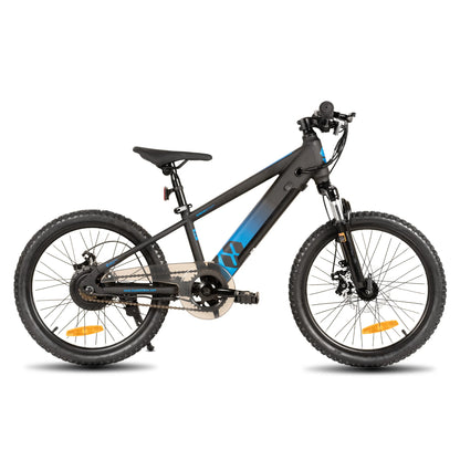 Merit Sell electric bike for kids ages 7 and up in black and blue with sturdy frame and knobby tires