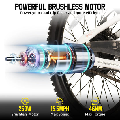 Close up of powerful brushless motor on electric bike for kids ages 7 and up with 250W power and 15.5 MPH max speed