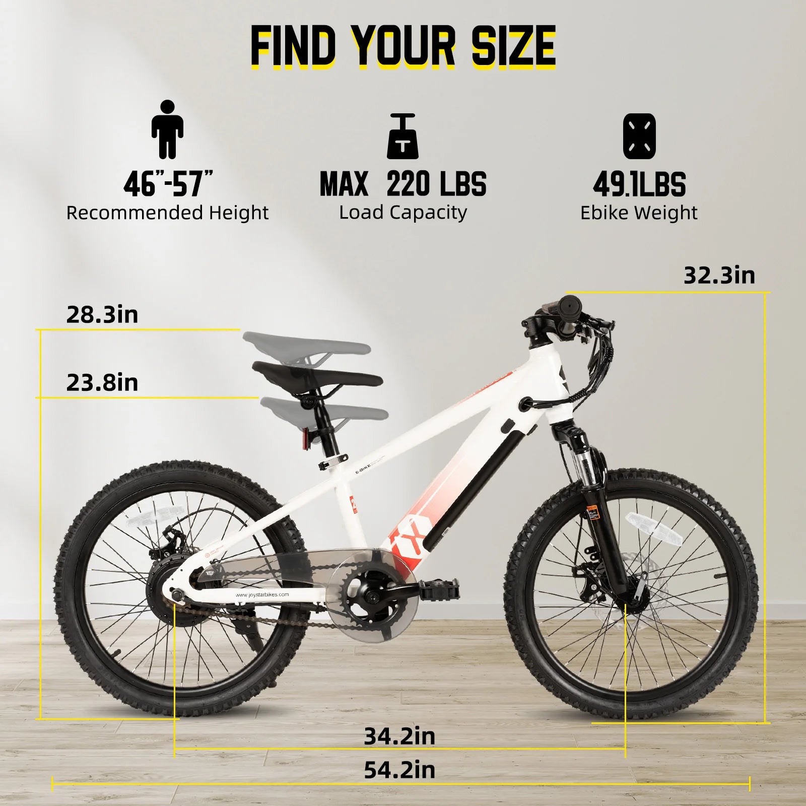 Merit Sell electric bike for kids ages 7 and up with size and weight specifications for 46 to 57 inch height