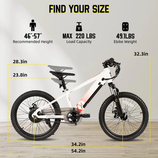 Merit Sell electric bike for kids ages 7 and up with size and weight specifications for 46 to 57 inch height