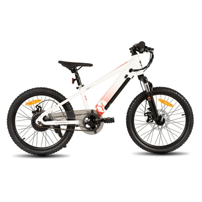 Merit Sell white electric bike for kids ages 7 and up with black tires and suspension fork