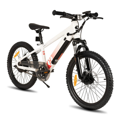 Merit Sell white electric bike for kids ages 7 and up with black tires and front suspension