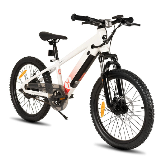 Merit Sell white electric bike for kids ages 7 and up with black tires and front suspension