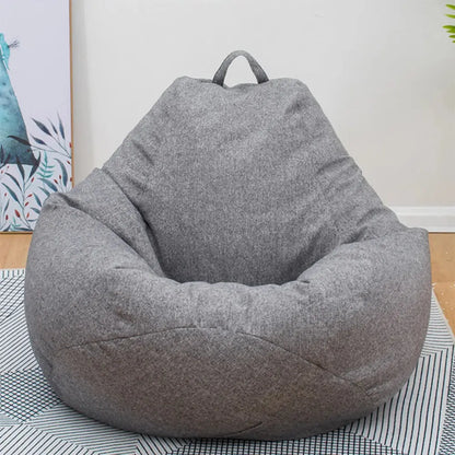 Gray lazy sofa cover for living room shaped like a large soft bean bag chair with a handle