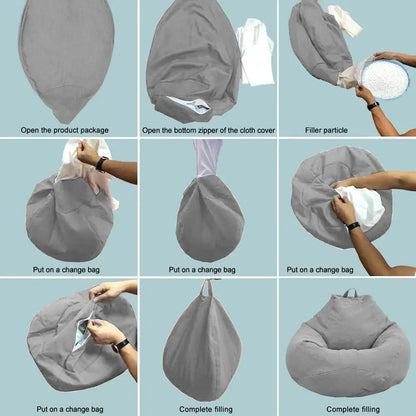 Step-by-step assembly of lazy sofa cover for living room with gray fabric and white filler particles