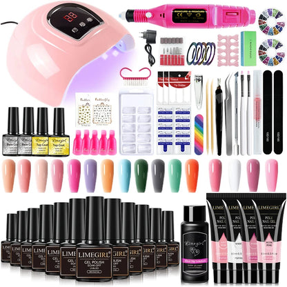 Merit Sell 54W nail lamp gel polish kit with pink LED lamp, electric nail drill, gel polishes, nail tools, and colorful nail tips