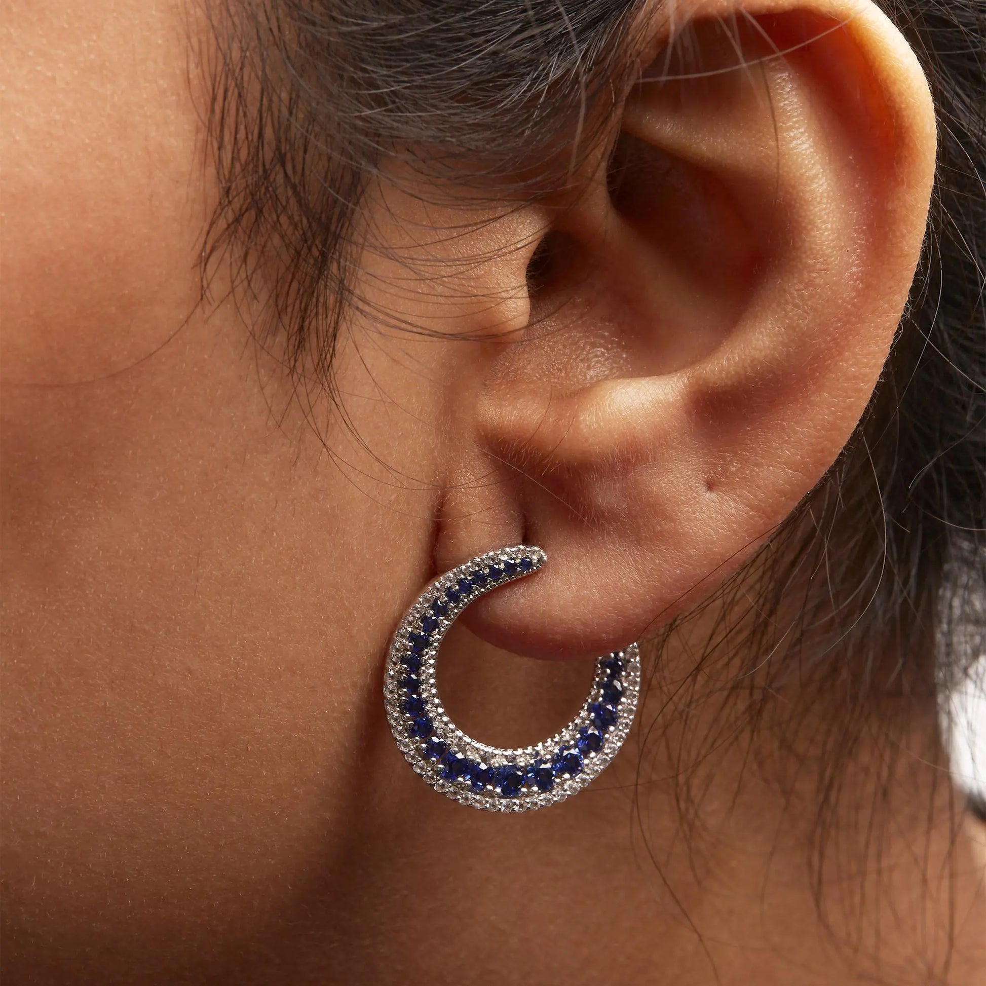 Blue Sapphire Crescent Moon Hoop Earrings | Exclusive