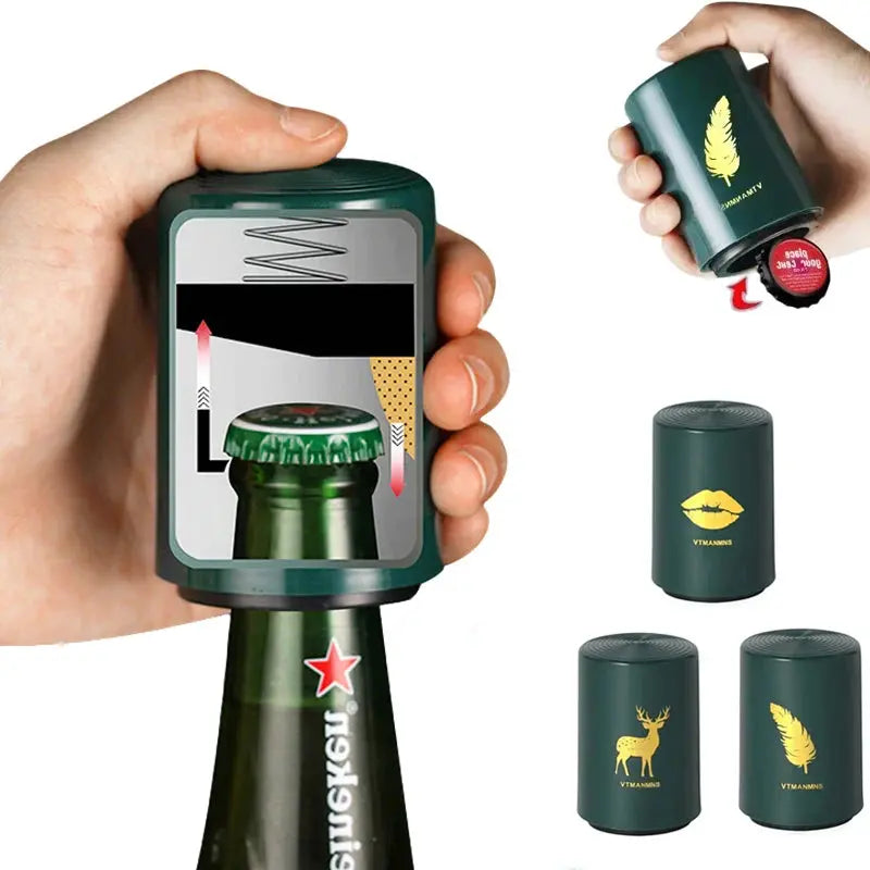 Merit Sell magnetic automatic bottle opener in green with unique designs for easy bottle cap removal