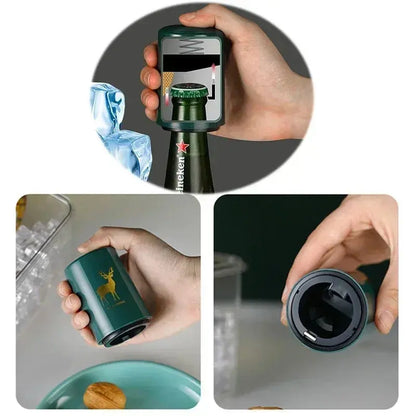 Merit Sell green magnetic automatic bottle opener being used to open a beer bottle with detailed view of inside mechanism