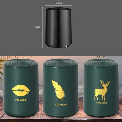 Green magnetic automatic bottle opener with gold lip, feather, and deer designs shown in three styles