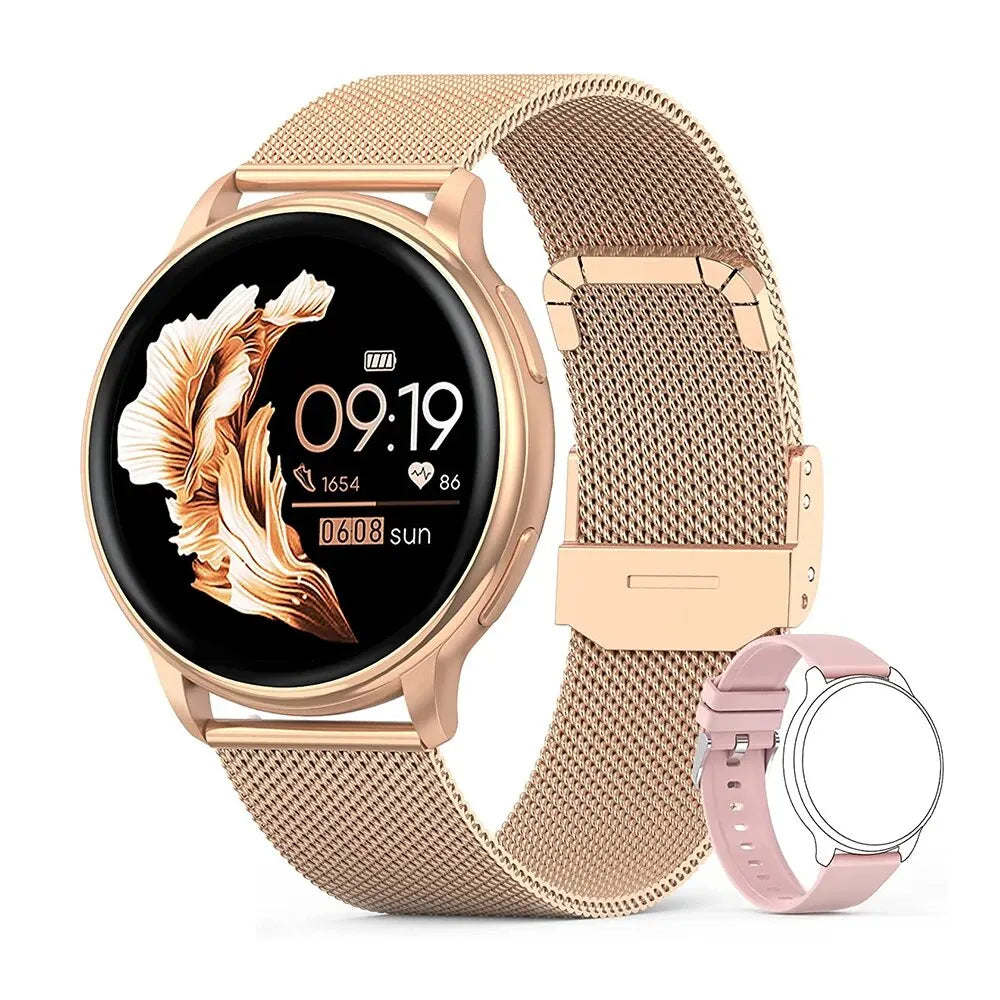 Merit Sell custom dial fitness tracker watch with rose gold mesh band and digital display
