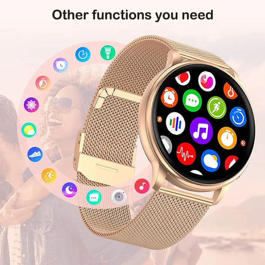 Merit Sell custom dial fitness tracker watch with gold mesh band and colorful app icons display