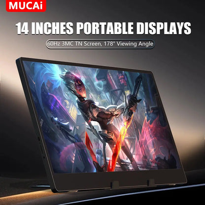 black portable computer monitor angled view showing vibrant gaming display