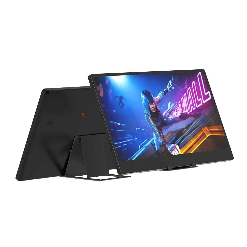black Merit Sell portable computer monitor front and back view with stand and gaming display