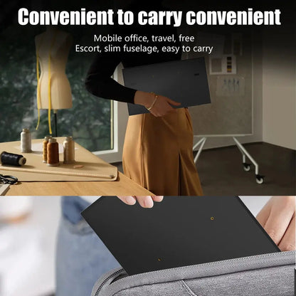 black portable computer monitor side view held in hand and sliding into gray bag for travel