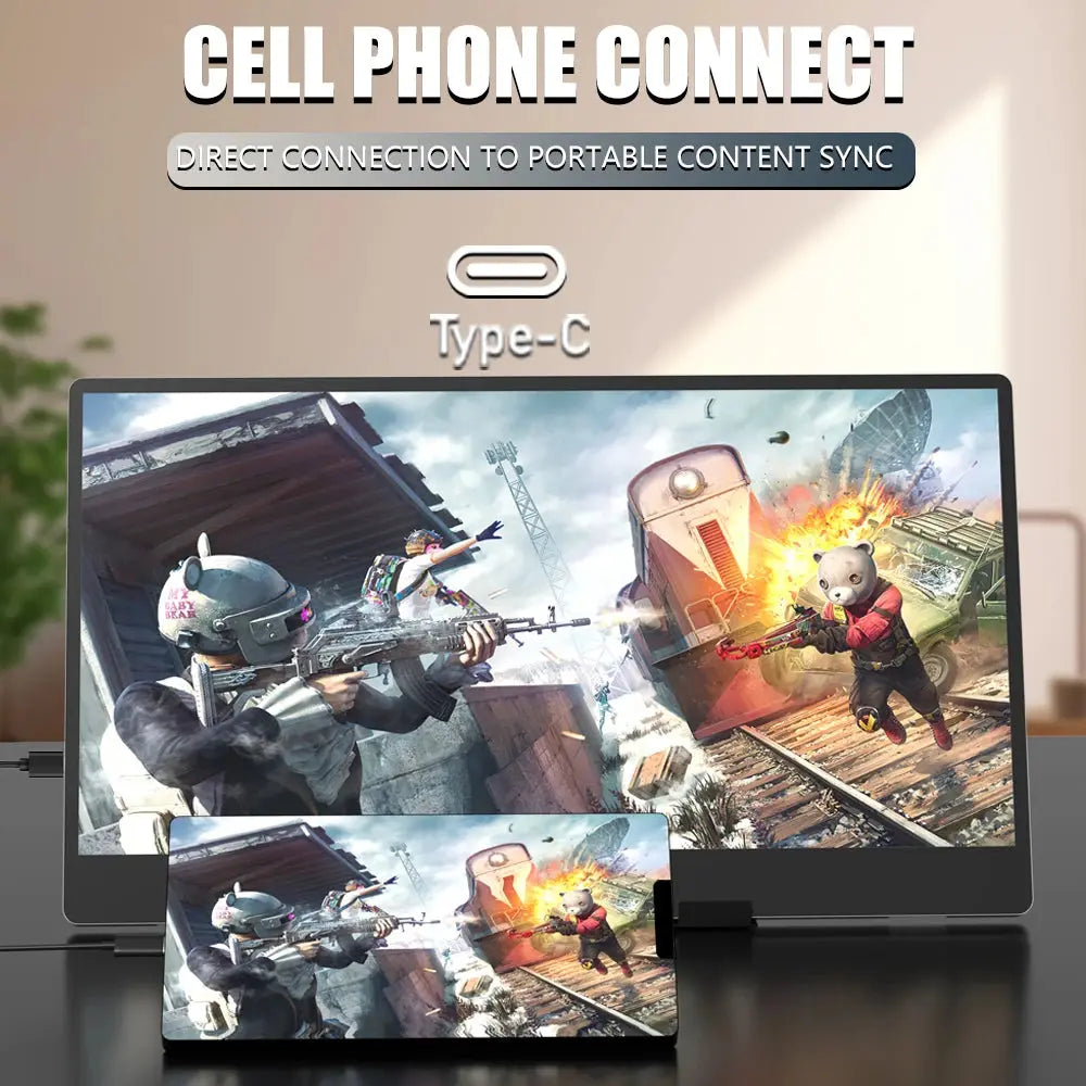 black portable computer monitor front view connected to phone displaying video game action scene