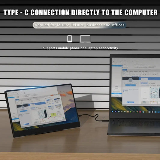 black portable computer monitor side view connected to laptop on wooden desk for office use Merit Sell