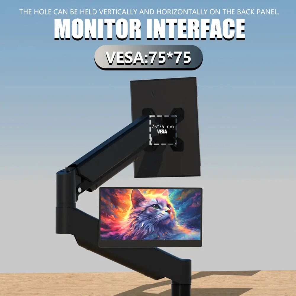 black portable computer monitor mounted on adjustable arm shown from side with colorful cat wallpaper