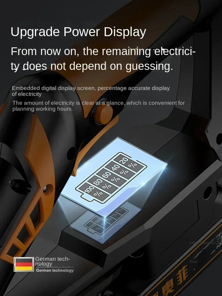 Close-up of display screen on a multi-functional brush cutter for home showing remaining battery percentage
