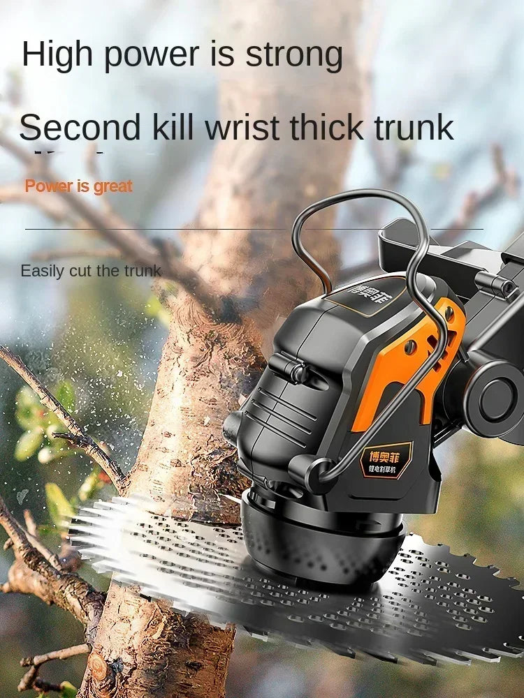 Powerful multi-functional brush cutter for home designed to easily cut through thick tree trunks