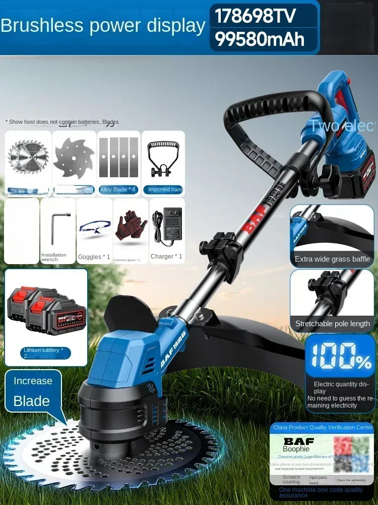 Multi-functional brush cutter for home featuring a powerful battery display and adjustable blade options