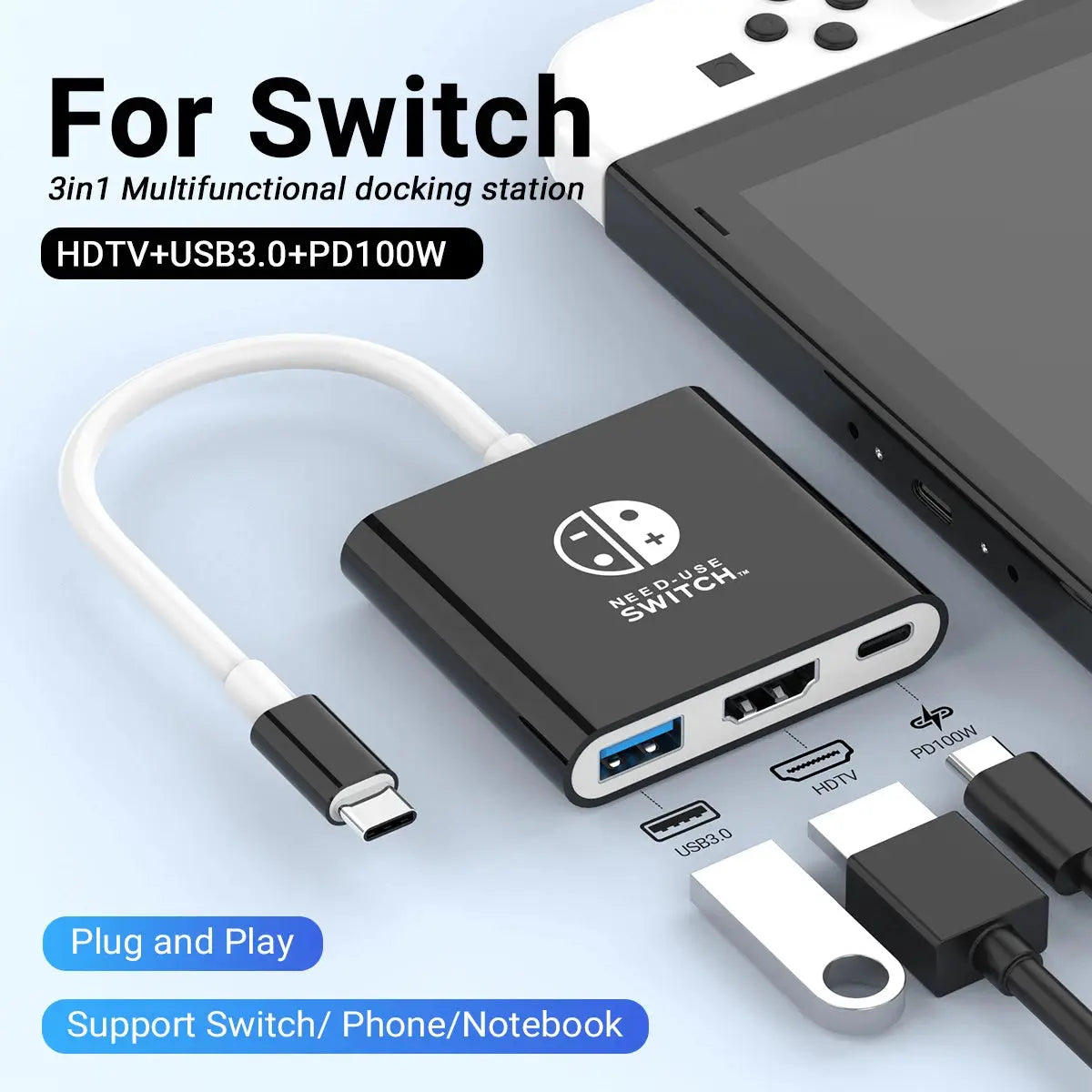 black usb to usb-c hub for Switch with HDMI and USB 3.0 ports front angle