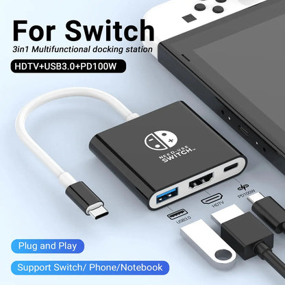 black usb to usb-c hub for Switch with HDMI and USB 3.0 ports front angle