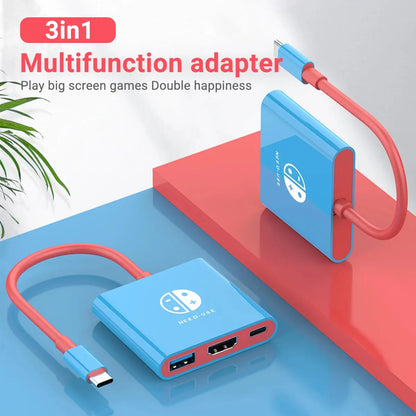 blue usb to usb-c hub multifunction adapter front and side view with red cable