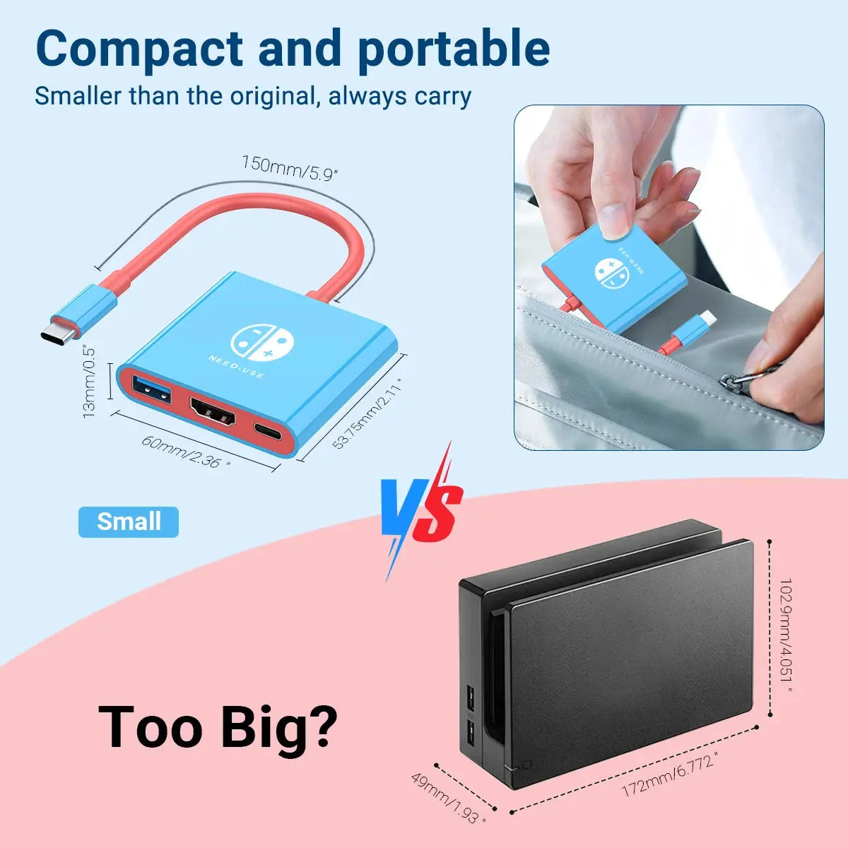 blue usb to usb-c hub compact portable view with red cable and hand placing in bag
