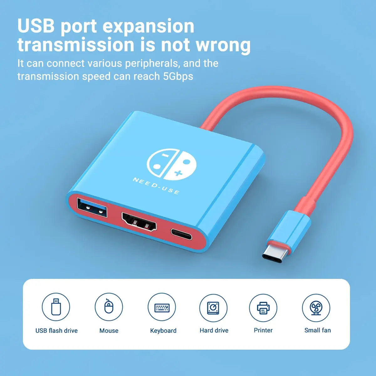 blue and red usb to usb-c hub front view with multiple ports for connecting peripherals