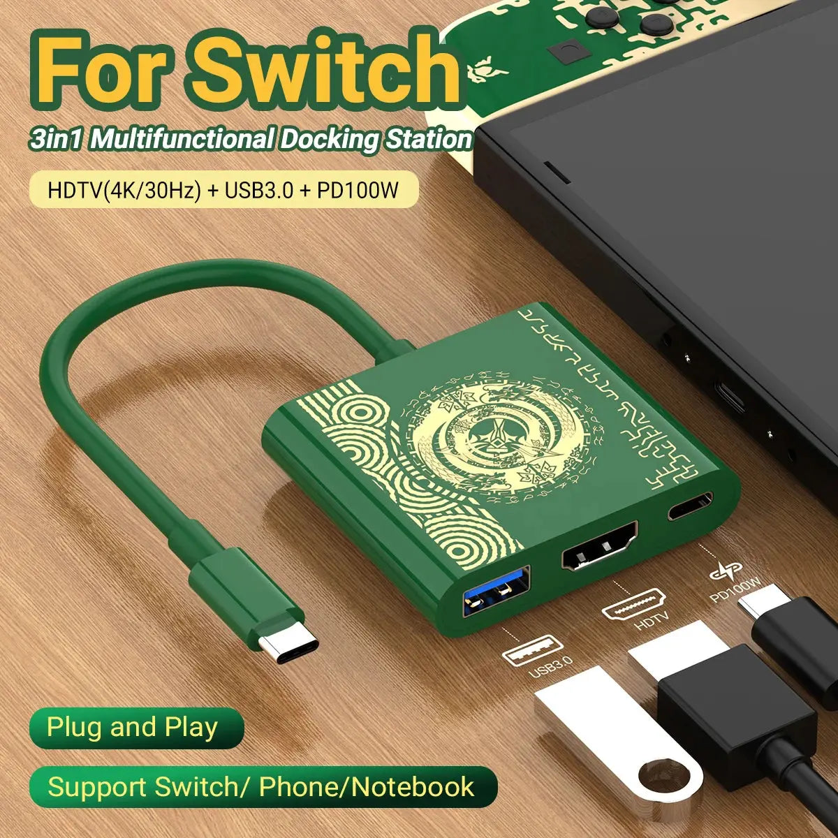 green usb to usb-c hub with Switch design top view showing HDMI and USB ports connected to a laptop