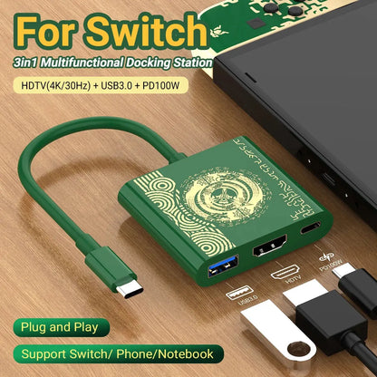 green usb to usb-c hub with Switch design top view showing HDMI and USB ports connected to a laptop