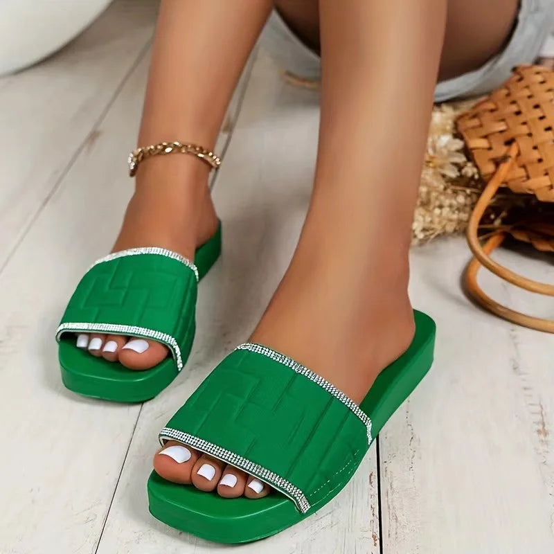new women summer new square-headed simple rhinestone slippers women's large thick bottom beach slippers/sandals - Merit Sell