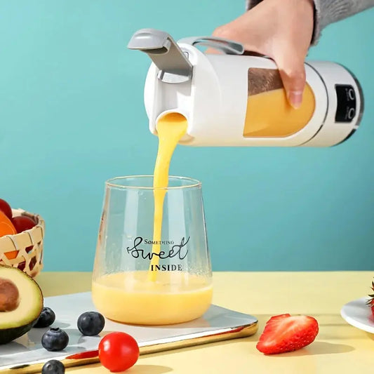 Merit Sell ninja blast portable blender pouring orange smoothie into a glass on a kitchen counter Merit Sell