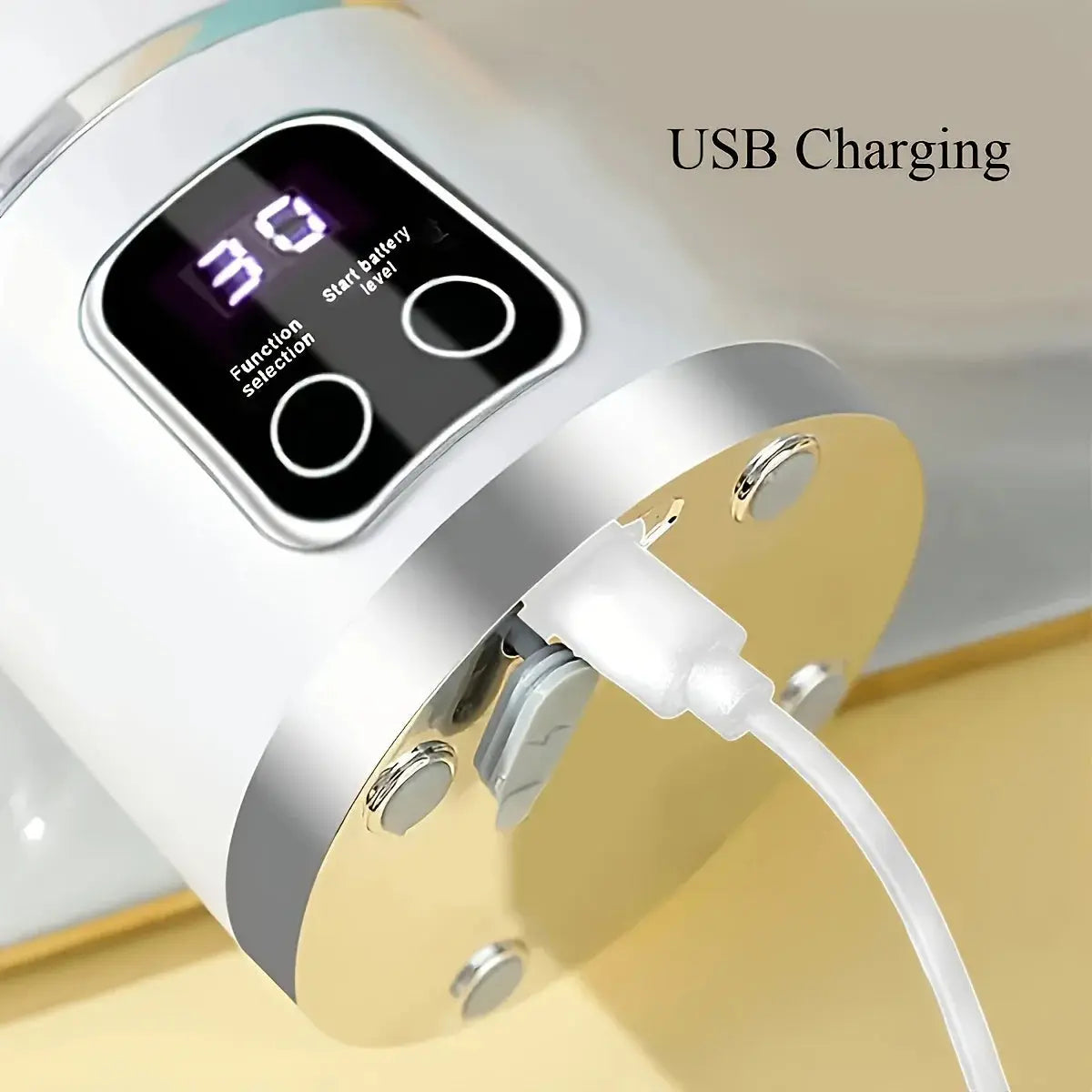 USB charging port and digital display screen of ninja blast portable blender showing battery level
