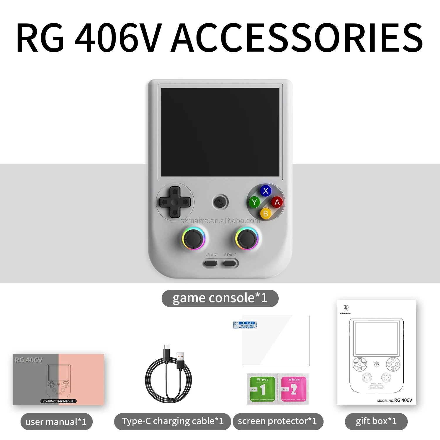 Merit Sell RG 406V online multiplayer retro game device with user manual, charging cable, screen protector, and gift box