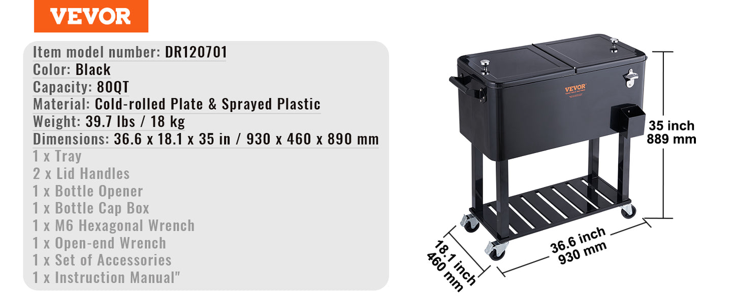 VEVOR 80 Quart Rolling Ice Chest Cooler Cart Portable Bar Drink Cooler Beverage Bar Stand Up Cooler for Patio Backyard