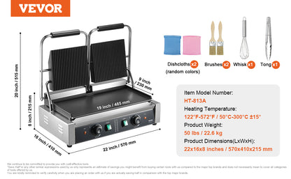 VEVOR Commercial Panini Grill 3600W Electric Sandwich Panini Maker with Temp Control And 19"x9" for Hamburger Steak Bacon 110V