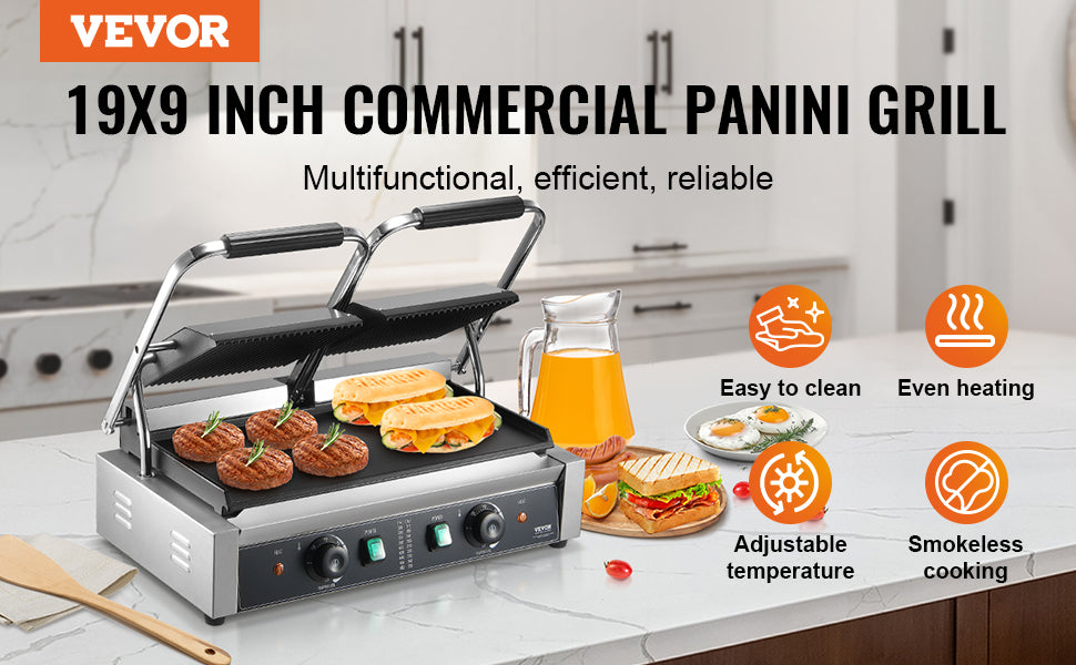 VEVOR Commercial Panini Grill 3600W Electric Sandwich Panini Maker with Temp Control And 19"x9" for Hamburger Steak Bacon 110V