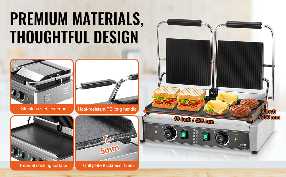 VEVOR Commercial Panini Grill 3600W Electric Sandwich Panini Maker with Temp Control And 19"x9" for Hamburger Steak Bacon 110V