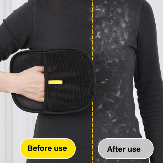 Merit Sell pet hair remover glove showing before and after use on black sweater