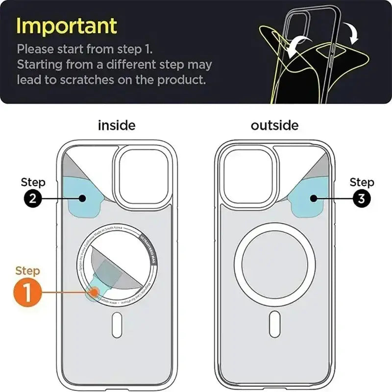Instruction diagram showing step-by-step guide to apply phone transparent case from Merit Sell