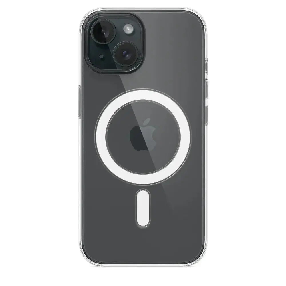 Merit Sell phone transparent case showing clear protection with MagSafe compatibility on black iPhone