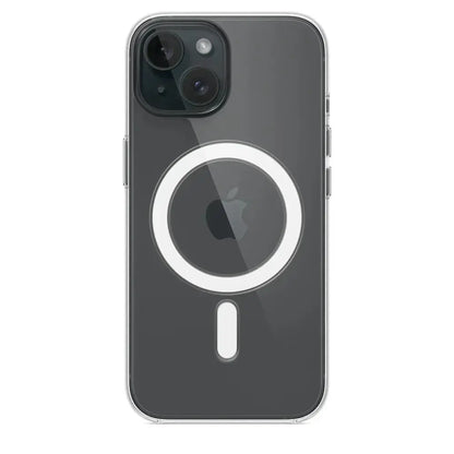 Merit Sell phone transparent case showing clear protection with MagSafe compatibility on black iPhone